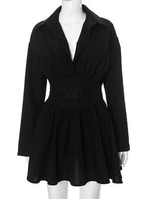 VILZSTUDIOS Elegant Black Long Sleeve Pleated Dress
