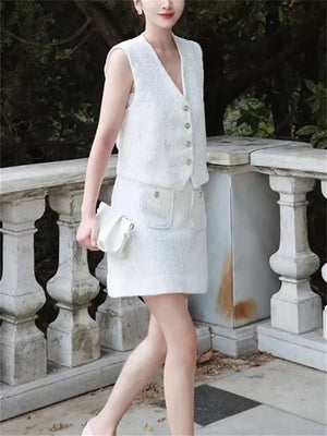 VILZSTUDIOS White Elegant Embroidered Vest & Mini Skirt Set