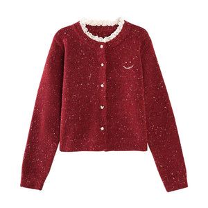 VILZSTUDIOS Red Lace Collar Cashmere Cardigan