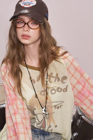 VILZSTUDIOS Plaid Patchwork Print V-Neck Knit Top