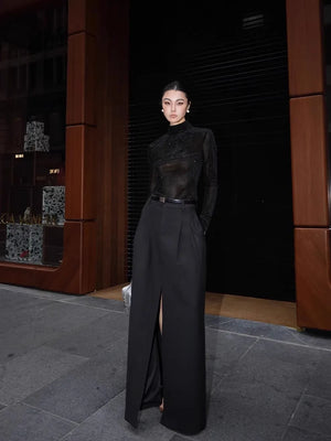 VILZSTUDIOS Elegant Black Flowy High Slit Skirt