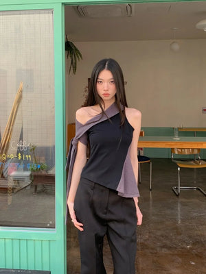 VILZSTUDIOS Black Striped Asymmetrical Blouse
