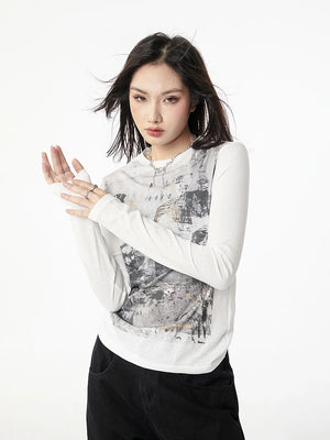 VILZSTUDIOS Vintage White Graphic Long Sleeve Top