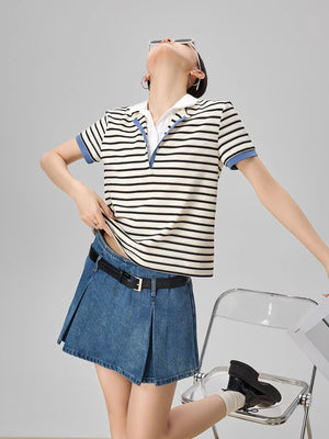 VILZSTUDIOS Striped Polo V-Neck Knit T-Shirt