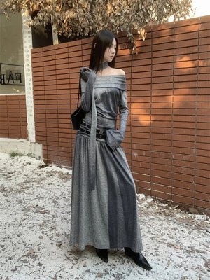 VILZSTUDIOS Grey Knitted Flare Sleeve Maxi Dress