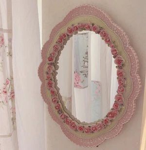 VILZSTUDIOS Stand Desktop Mirror Large Home Decoration Elegant Environmentally Pink Vintage Baroque Wall-Mounted Mirror for Bedroom Artistic