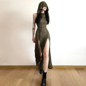 VILZSTUDIOS Gothic Sleeveless Ruffles Mesh Midi Dress