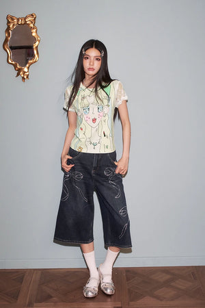 VILZSTUDIOS Sweet Lace Splicing Anime Print T-Shirt