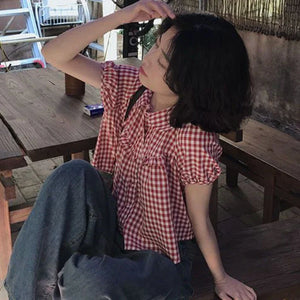 VILZSTUDIOS Vintage Red Plaid Girlish Chic Shirt