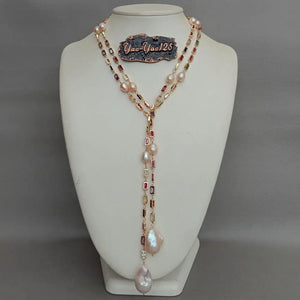 VILZSTUDIOS Pink Baroque Pearl Mixed Color Long Chain Necklace