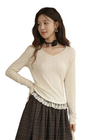VILZSTUDIOS Hollow Knitted Lace Hem Long Sleeve Top