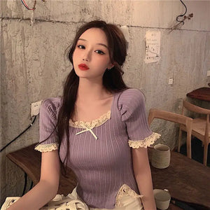 VILZSTUDIOS Spicy Girl Square Neck Lace Shirt
