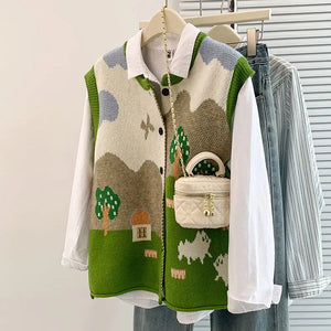 VILZSTUDIOS Oversized Jacquard Knit Sleeveless Cardigan
