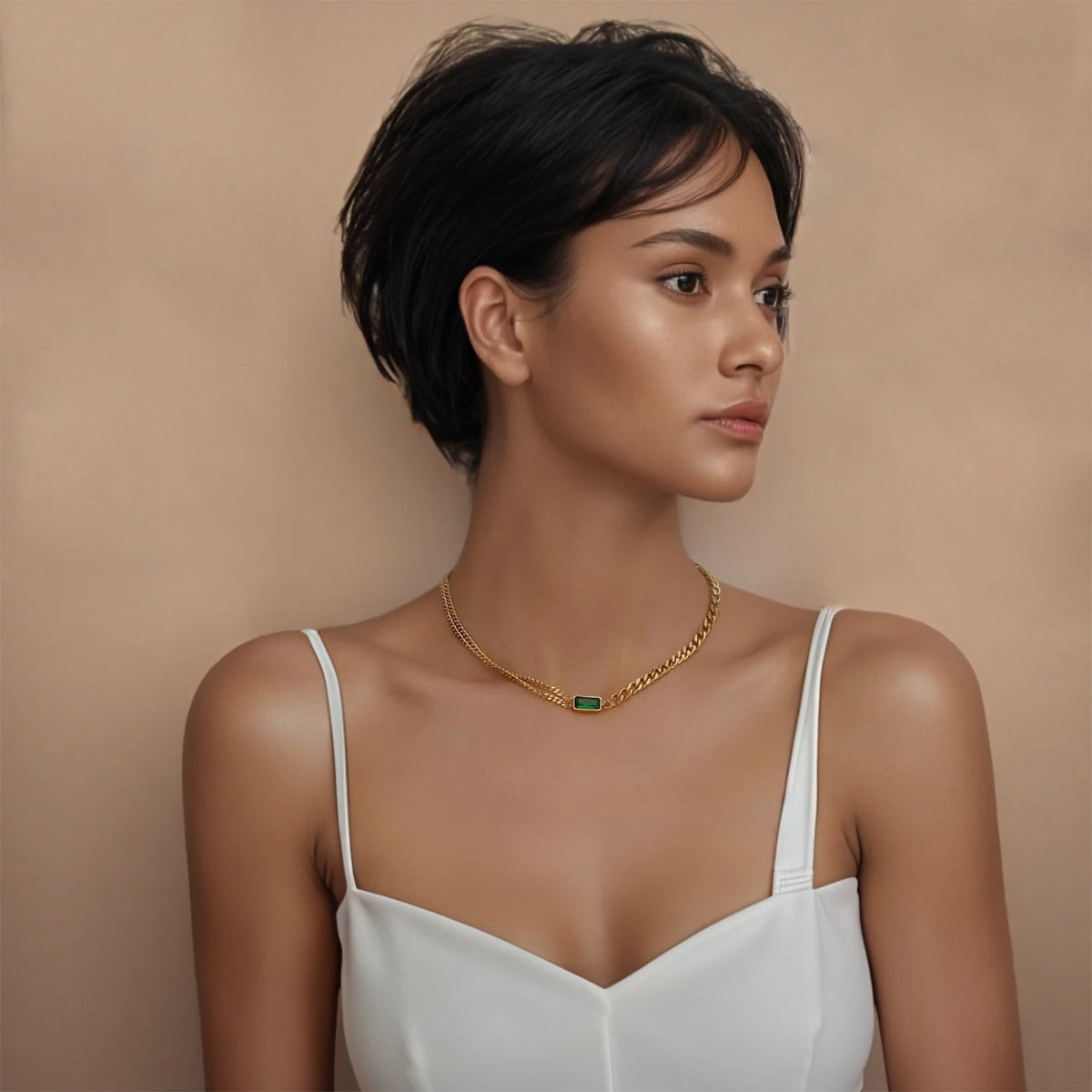VILZSTUDIOS Classic Emerald Asymmetric Chain Necklace