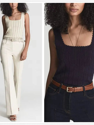 VILZSTUDIOS Hollow Out Lace Trim Knit Tank Top