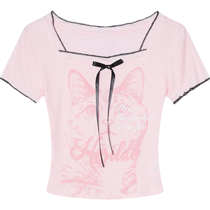VILZSTUDIOS Chic Cat Print Square Neck Cropped T-Shirt