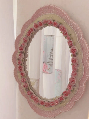 VILZSTUDIOS Stand Desktop Mirror Large Home Decoration Elegant Environmentally Pink Vintage Baroque Wall-Mounted Mirror for Bedroom Artistic