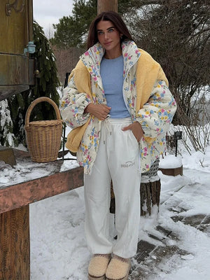 VILZSTUDIOS Cozy Floral Print Oversized Puffer Jacket