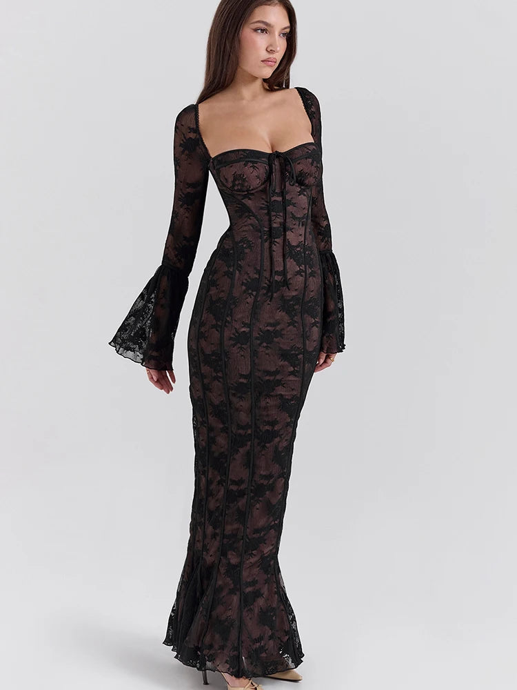 VILZSTUDIOS Elegant Black Lace Up Maxi Dress
