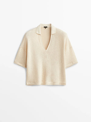 VILZSTUDIOS Beige V-Neck Knit Short Sleeve Sweater