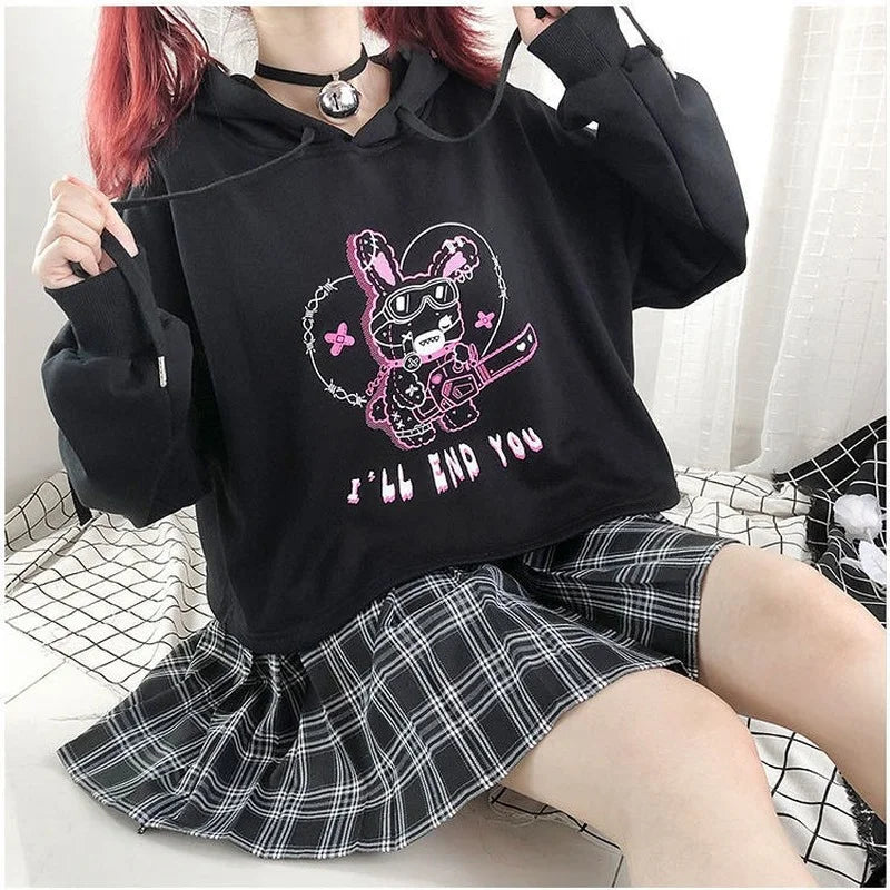 VILZSTUDIOS Punk Gothic Patchwork Hollow Out Hoodie & Mini Skirt
