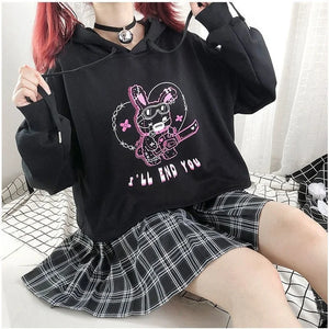 VILZSTUDIOS Punk Gothic Patchwork Hollow Out Hoodie & Mini Skirt