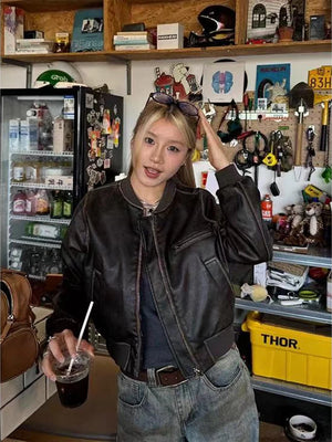 VILZSTUDIOS Vintage Brown PU Leather Jacket
