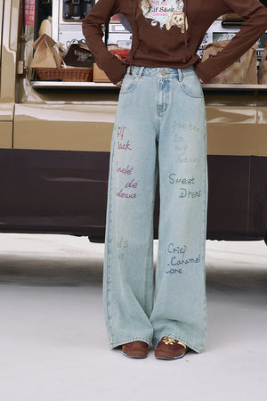 VILZSTUDIOS Embroidered Loose Straight Leg Jeans
