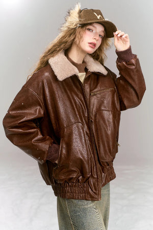 VILZSTUDIOS Vintage Brown Fleece Neck PU Leather Jacket