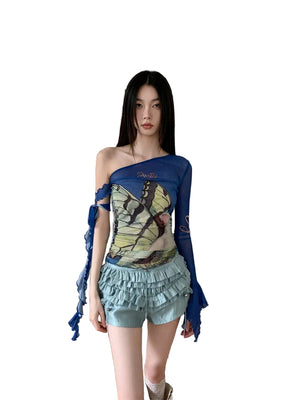 VILZSTUDIOS Blue Butterfly Mesh Off Shoulder Long Sleeve Top
