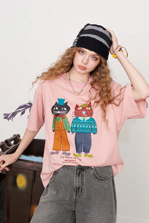 VILZSTUDIOS Chic 2 Cartoonish Cat Print T-Shirt