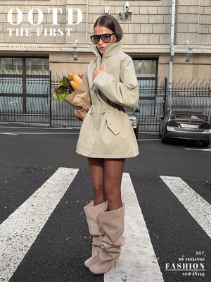 VILZSTUDIOS Stylish Stand Collar Mid-Length Trench Coat