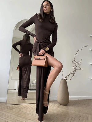 VILZSTUDIOS Sexy Thigh High Split Turtleneck Maxi