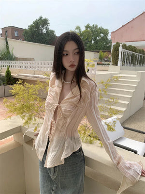 VILZSTUDIOS Apricot Fairycore Lace Up Cropped Blouse
