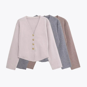 VILZSTUDIOS Elegant Solid V-Neck Knitted Cardigan