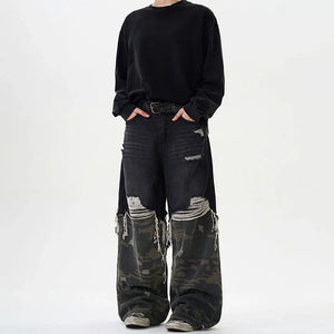 VILZSTUDIOS Retro Camouflage Stitched Baggy Ripped Jeans