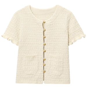 VILZSTUDIOS Elegant Knit Ruffled Button-Up Cardigan