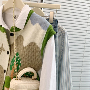 VILZSTUDIOS Oversized Jacquard Knit Sleeveless Cardigan