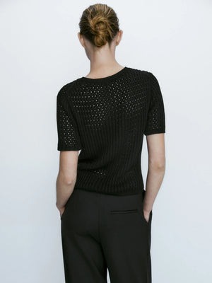 VILZSTUDIOS Black Knitted Hollowed Out T-Shirt