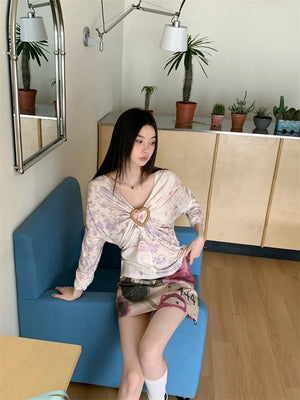 VILZSTUDIOS Floral Batwing Heart Ruched Blouse