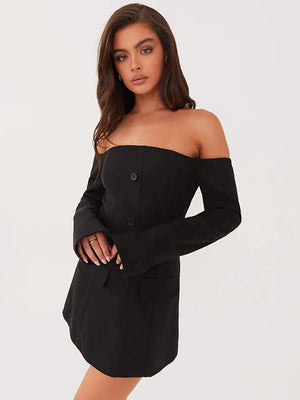 VILZSTUDIOS Elegant Off-Shoulder Button Dress in Brown