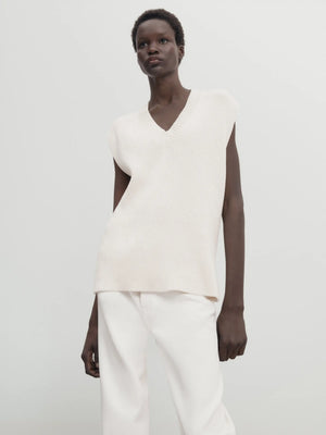 VILZSTUDIOS Minimalist Beige V-Neck Knit Vest