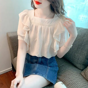 VILZSTUDIOS Chic Summer Square Collar Ruffles Shirt