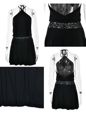 VILZSTUDIOS Sleek Lace Patchwork Halter Mini Dress