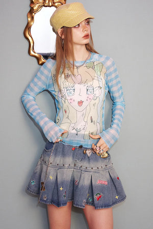 VILZSTUDIOS Checkered Cartoon Mesh Long Sleeve Top