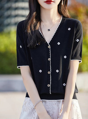 VILZSTUDIOS Embroidered Casual V-Neck Light Cardigan