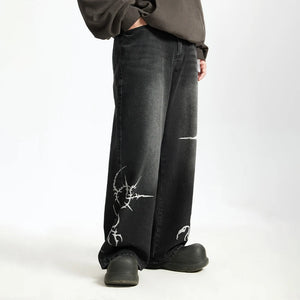 VILZSTUDIOS Black Graphic High Street Wide Jeans