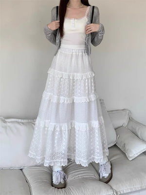VILZSTUDIOS Elegant White Lace Patchwork Midi Skirt