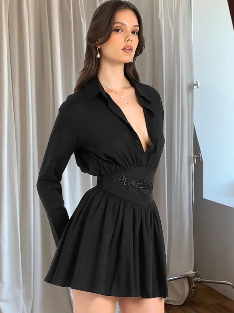 VILZSTUDIOS Elegant Black Long Sleeve Pleated Dress