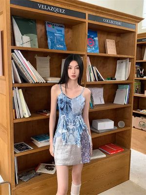 VILZSTUDIOS Blue Ruffles V-Neck Tank Top With Grey Mini Skirt